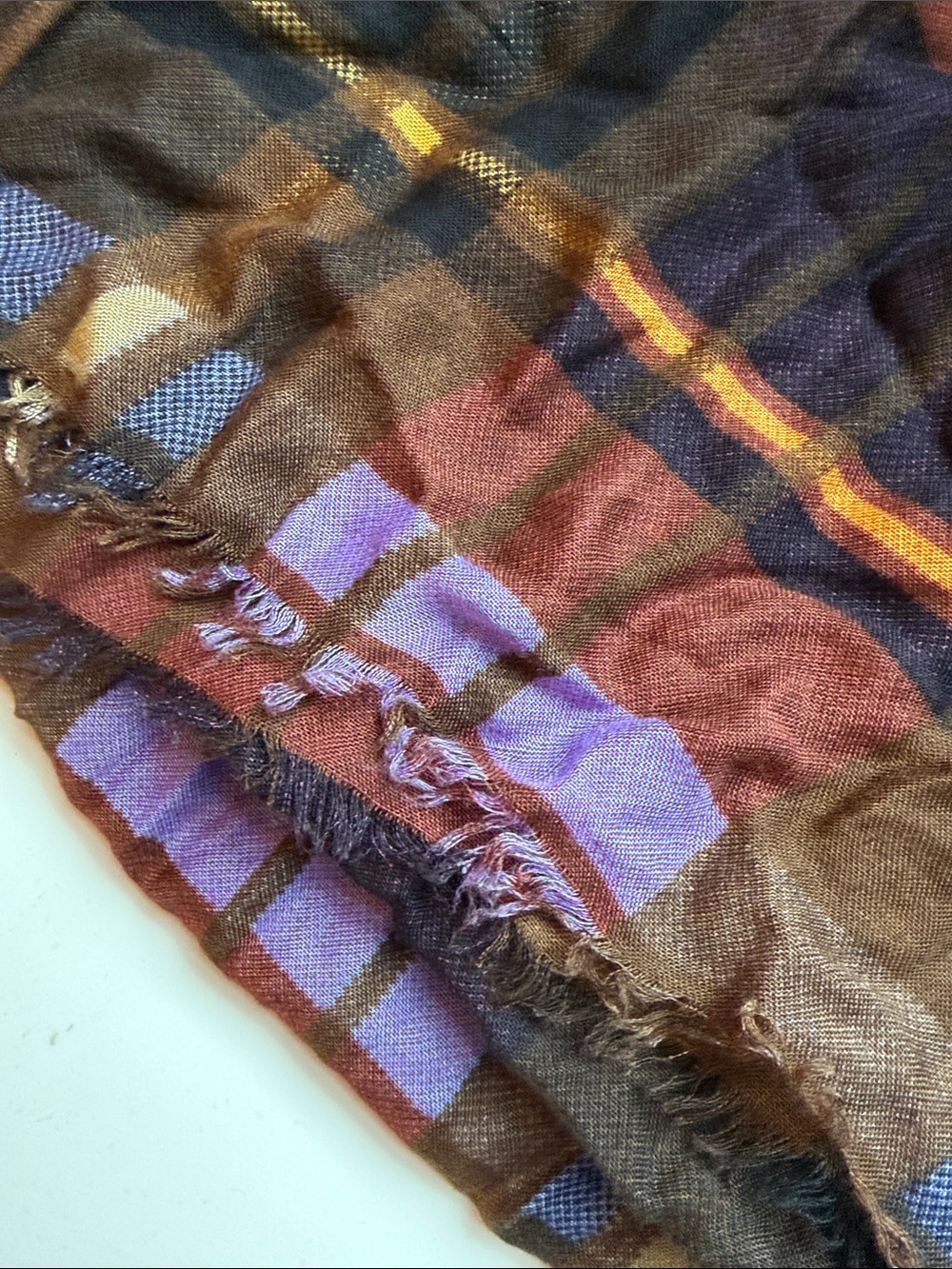 Vera Bradley Plaid Fringe Scarf in Brown, Purple, Blue - Picture 4 of 7